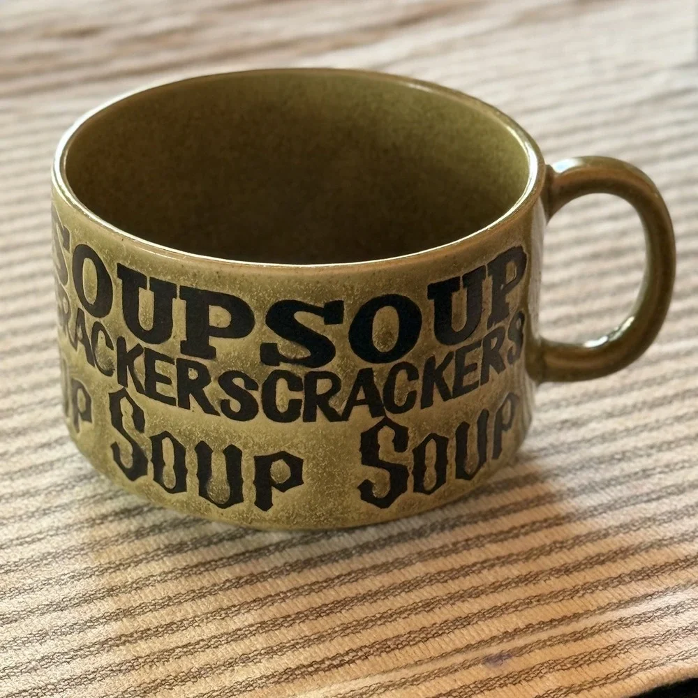 Vintage Soup Cracker Handle Mug Bowl Cup Large Green Japan Stoneware